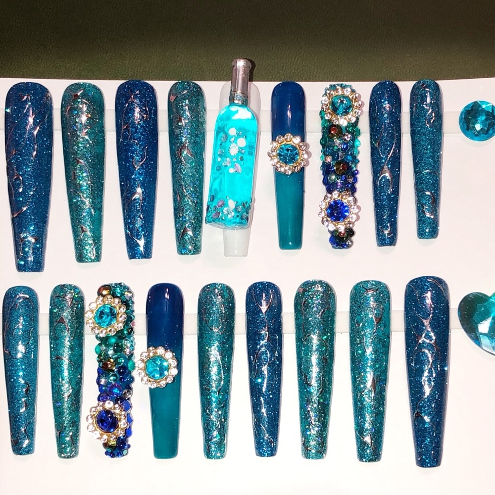 Handmade Press On Nails 2X Long Coffin Custom Hypnotic Blue Nails Full S… - Picture 10 of 10